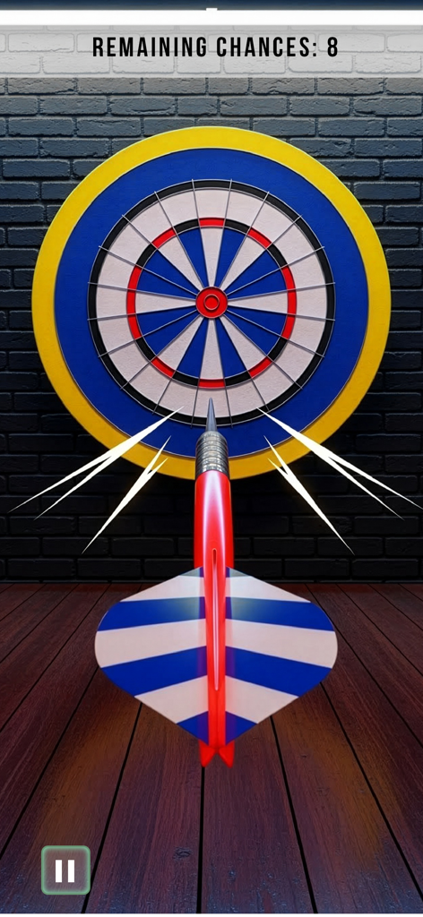 Dart Games 3D: Arrow Master - Un dardo rojo volando hacia un objetivo de 'bullseye' colorido en una pared de ladrillos.