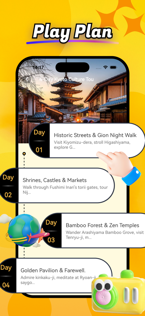 Jourry - Video Call, Live Chat - A 4-day Kyoto culture tour itinerary on the Jourry app play plan screen