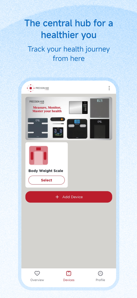 Precision Hub - Interfaz de la aplicación móvil Precision Hub que muestra la pantalla de emparejamiento de dispositivos para básculas inteligentes corporales.
