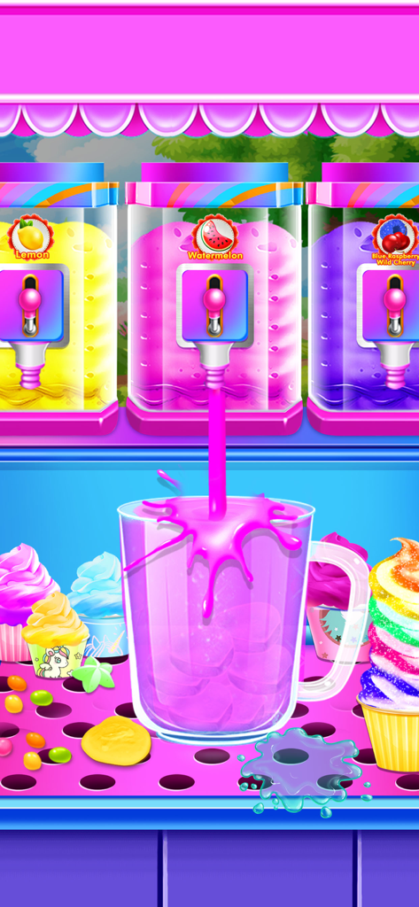 Ice Cream Delivery Games - ICE - Pink liquid being poured into a mug from a colorful slushy dispenser in a kids game