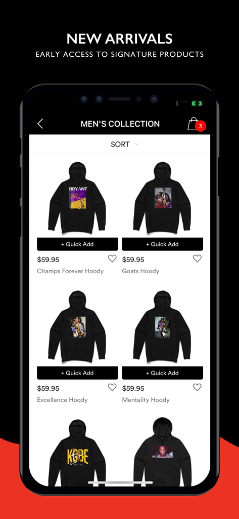 Streetwear Official - Men's collection screen on the Streetwear Official app featuring various independent graphic hoodies.