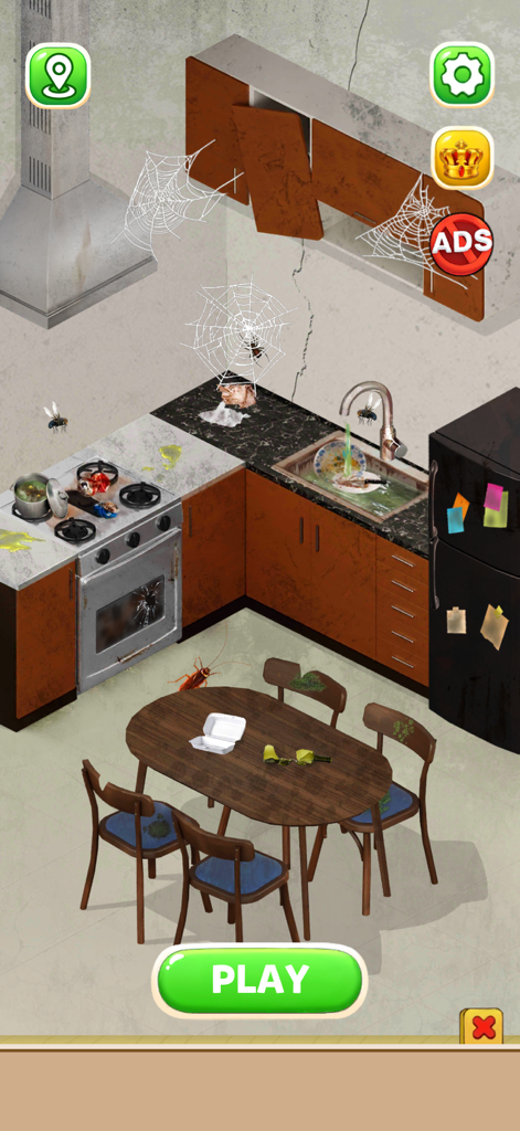 Home Makeover Tidy ASMR - Escena de cocina desordenada con telarañas y platos sucios en el juego Home Makeover Tidy ASMR