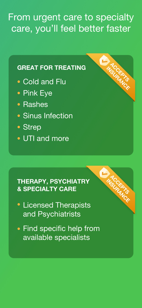 Amwell: Doctor Visits 24/7 - Amwell app screen listing urgent care treatments and specialty services like therapy and psychiatry that accept insurance.