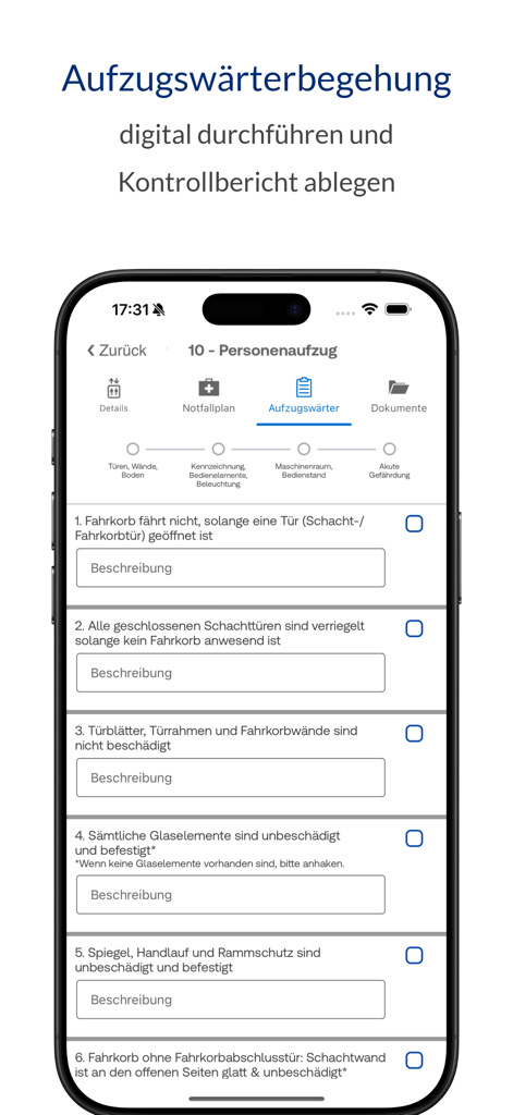 TÜV SÜD Verify - Digital elevator inspection checklist on the TÜV SÜD Verify app screen.