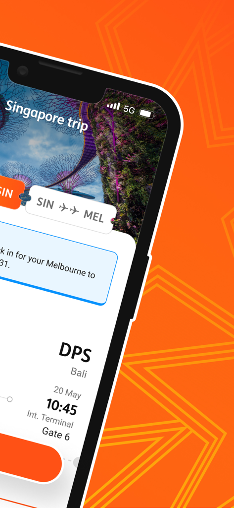 Jetstar - Jetstar mobile app displaying flight itinerary and boarding gate information for a trip to Bali