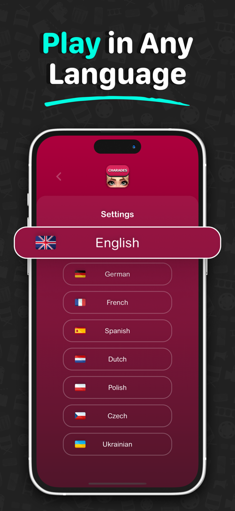 Headbands: Charades Game - Tela de configurações de idioma do Headbands Charades Game com opções de suporte multilíngue