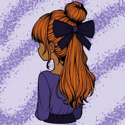 realistic girl  with hip length hair a bun and a big bow on the back of head