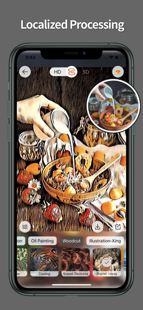 TensorArt - AI photo Editor - TensorArt App-Oberfläche, die eine lokalisierte Fotoverarbeitung mit einem Holzschnitt-Kunstfilter zeigt, der auf ein Frühstücksschalenfoto angewendet wurde