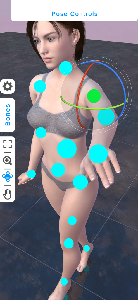 Interface of the Ultimate Poser app showing a 3D female model with manual bone control points for anatomy reference