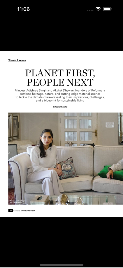 Architecture + Design Mag - Une page du magazine Architecture and Design présentant un article sur le mode de vie et le design durables.