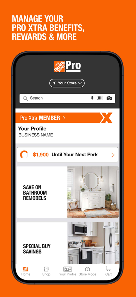 Home Depot app interface for Pro Xtra members showing rewards progress and business profile details