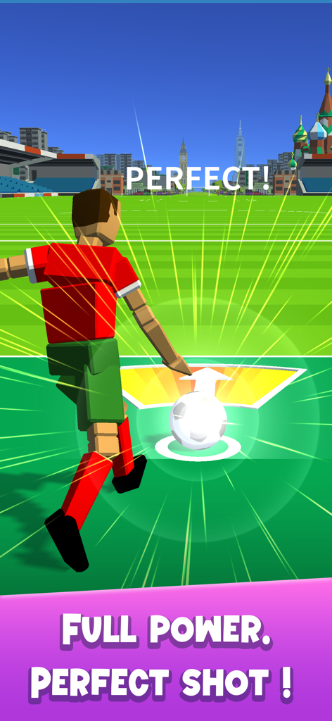 Soccer Kick gameplay showing a player performing a perfect full power shot with global landmarks in the background