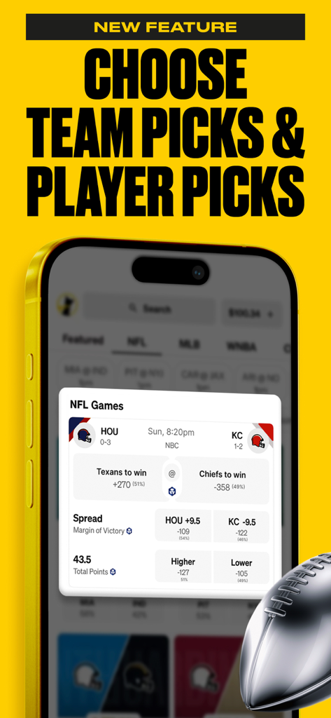 Underdog Sports - Underdog Sports app interface showing the NFL team and player picks feature for a Texans versus Chiefs game.