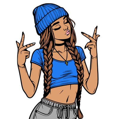 realistic teenage girl with braids and a beanie and crop top doing 🫶🏼