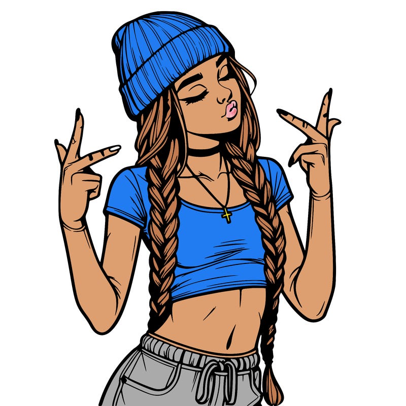 realistic teenage girl with braids and a beanie and crop top doing 🫶🏼