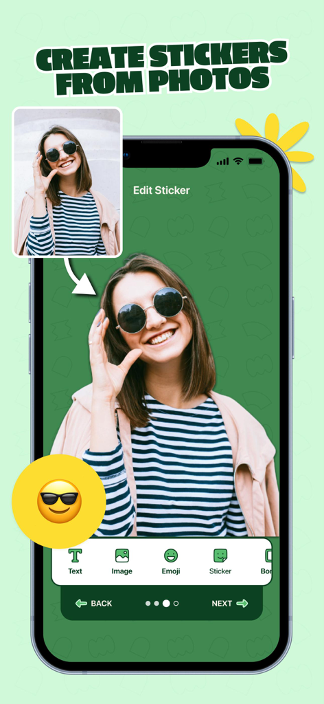 WhatSticker - Sticker Maker - Smartphone screen showing the WhatSticker app interface for creating and editing custom stickers from photos.