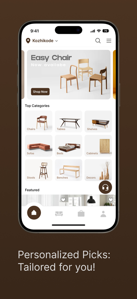 Furnyshop - Furnyshop mobile app home screen displaying furniture categories like chairs, tables, and sofas with personalized recommendations.