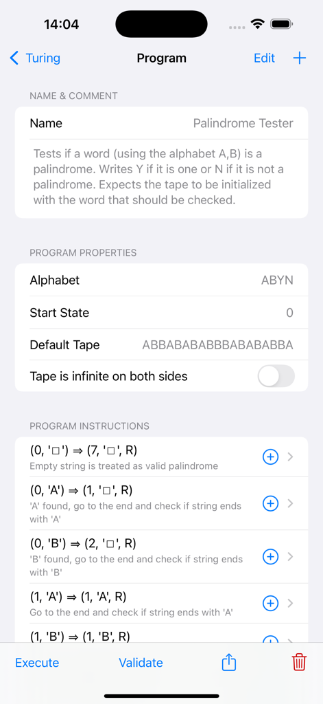 Turing Machine Simulator - A screen showing the program properties and instructions for a palindrome tester in the Turing Machine Simulator app.