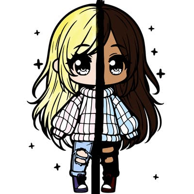 chibi girl with ripped jeans,long hair, and an oversized sweater