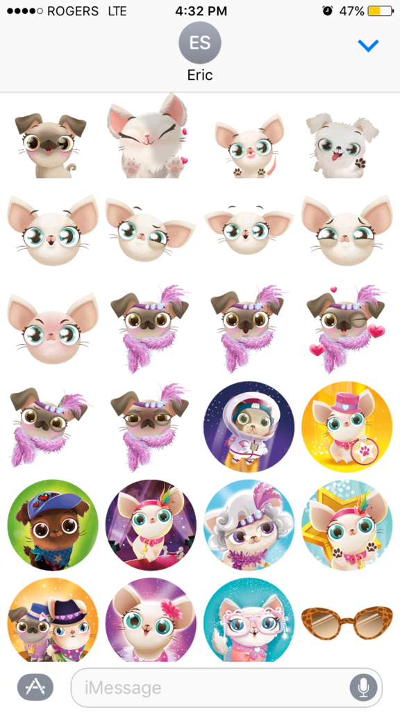 Eine Sammlung niedlicher und glamouröser Mops- und Kätzchensticker für iMessage