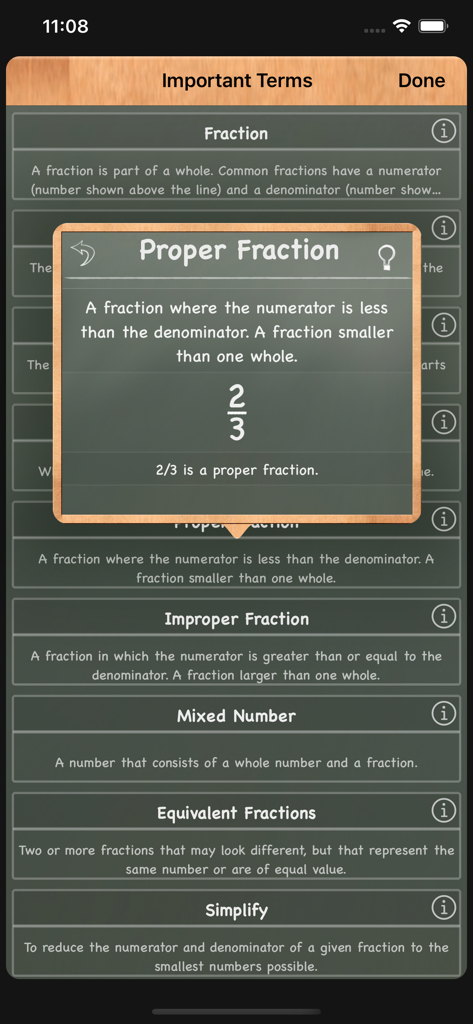 A list of fraction definitions on a chalkboard interface explaining proper fractions with a numerical example