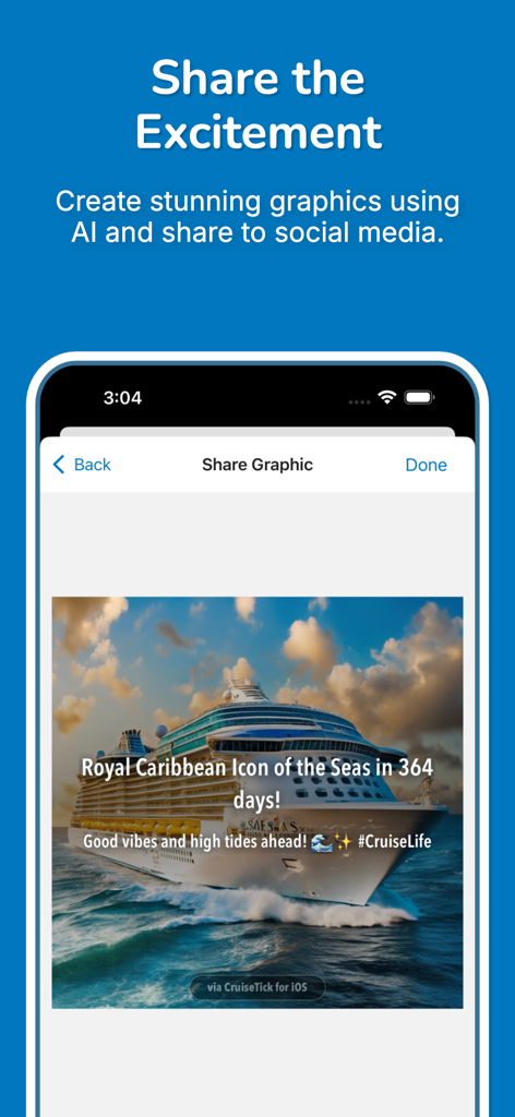 CruiseTick Cruise Countdown - Una pantalla para compartir en redes sociales de la aplicación CruiseTick que muestra un gráfico generado por IA para una cuenta regresiva de crucero de Royal Caribbean.