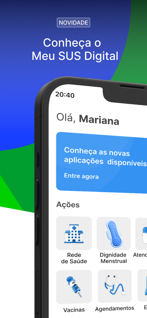 ワクチンや予約などの医療サービスを表示するMeu SUS Digitalアプリのダッシュボード
