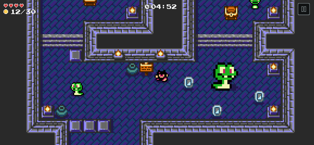A top down pixel art adventure game level created in Bloxels featuring green snake enemies and a player character
