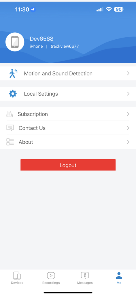 TrackView - Find My Phone - Das Menü für Benutzerprofil und Einstellungen in der TrackView-App mit Optionen für Bewegungserkennung und Kontoverwaltung