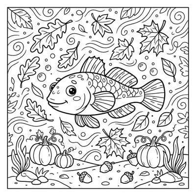 Explore the wonders of fall underwater with this charming coloring page featuring a happy goby fish swimming amidst a flurry of autumn leaves and pumpkins. Designed especially for kids, this printable template offers a delightful way to celebrate the season with creativity and color.