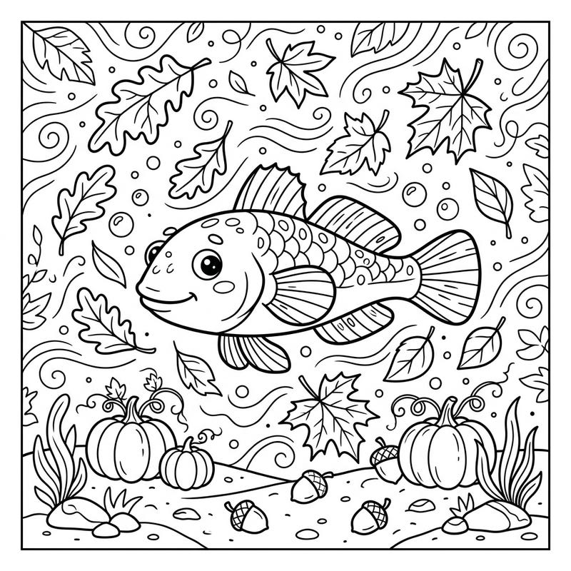Explore the wonders of fall underwater with this charming coloring page featuring a happy goby fish swimming amidst a flurry of autumn leaves and pumpkins. Designed especially for kids, this printable template offers a delightful way to celebrate the season with creativity and color.