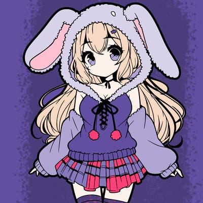 pretty anime girl wearing a fluffy hoodie with bunny ears on the hood and a skirt