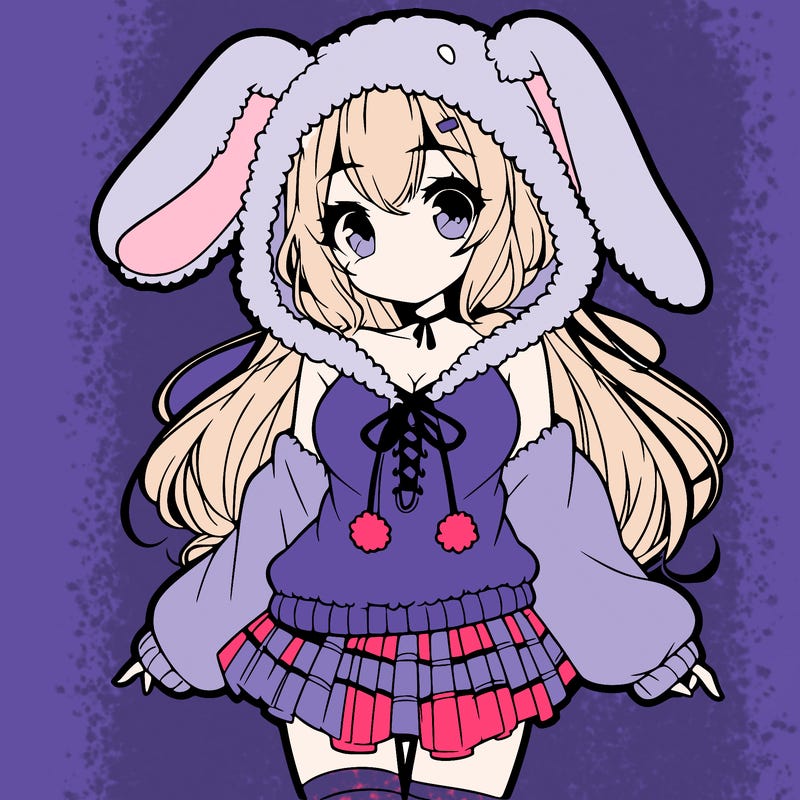 pretty anime girl wearing a fluffy hoodie with bunny ears on the hood and a skirt