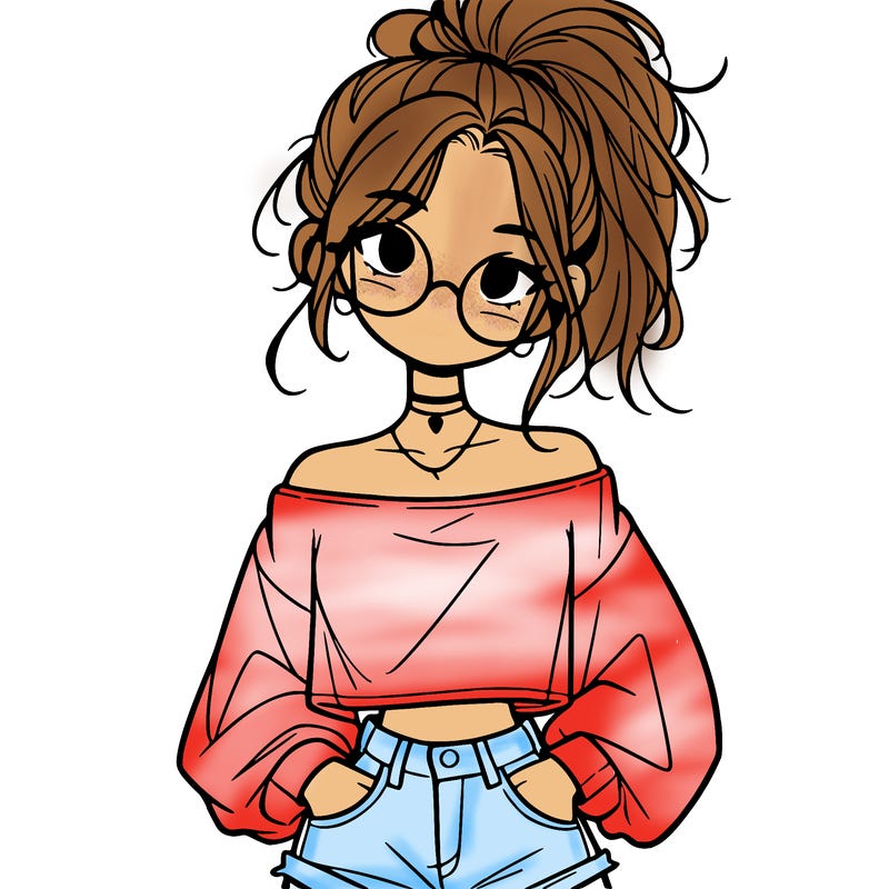 girl with a messy ponytail glasses a baggy crop top and jean shorts