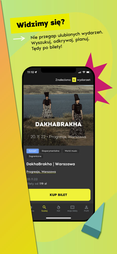 Going app interface showing a concert event page for DakhaBrakha with a prominent Buy Ticket button