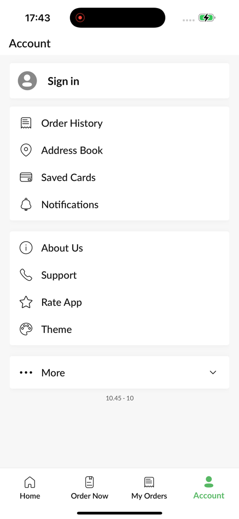 Azaad. - The account management screen for the Azaad mobile food ordering app