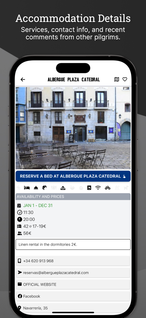 Wise Pilgrim Camino Francés - Wise Pilgrim 앱 화면에 알베르게 플라자 카테드랄(Albergue Plaza Catedral) 숙박 정보와 예약 옵션이 표시됩니다.