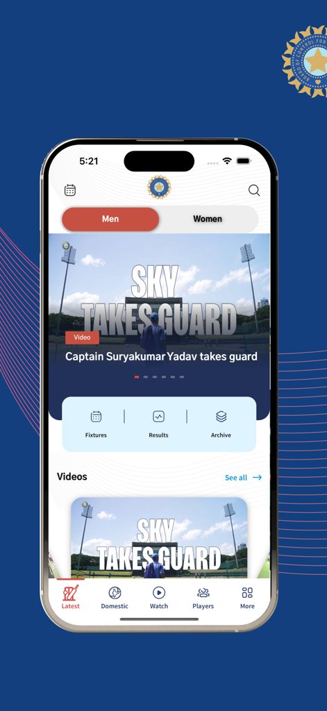 Pantalla de inicio de la aplicación oficial de críquet de BCCI mostrando un video destacado y pestañas de navegación.