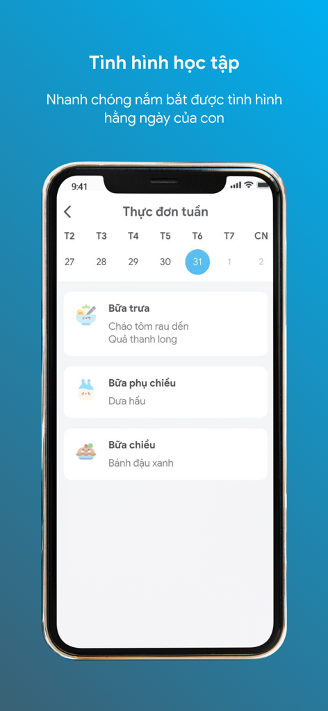 점심과 간식이 포함된 자녀의 주간 학교 식단 메뉴를 보여주는 SISAP Phụ huynh 앱의 스마트폰 화면