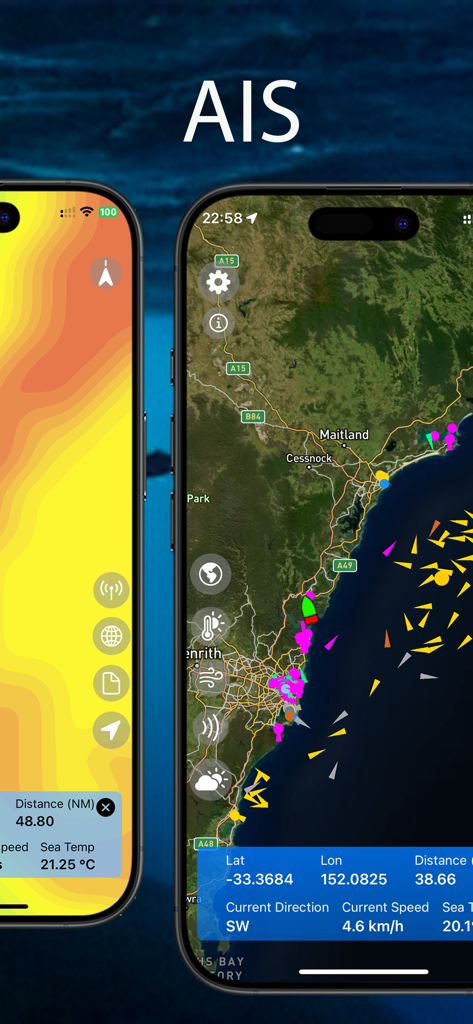Sea Maps - Interface de l'application Sea Maps affichant une carte nautique avec des marqueurs de navigation marine et des bouées.