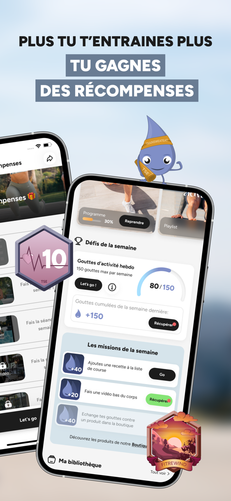 Sport & Nutrition - TSE - Panel de la app Trainsweateat que muestra desafíos de fitness semanales y recompensas obtenidas.