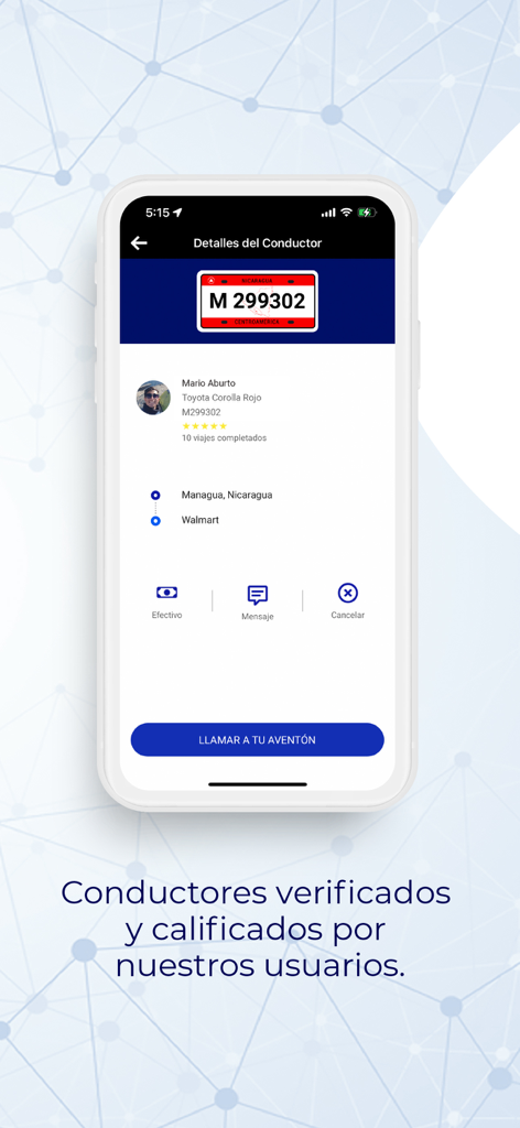 Aventón - Interfaz de la aplicación Aventon que muestra el perfil del conductor y la información del viaje