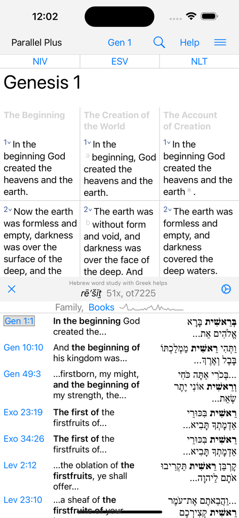 Parallel Plus Bible study app showing Genesis 1 across multiple versions and a Hebrew word study search