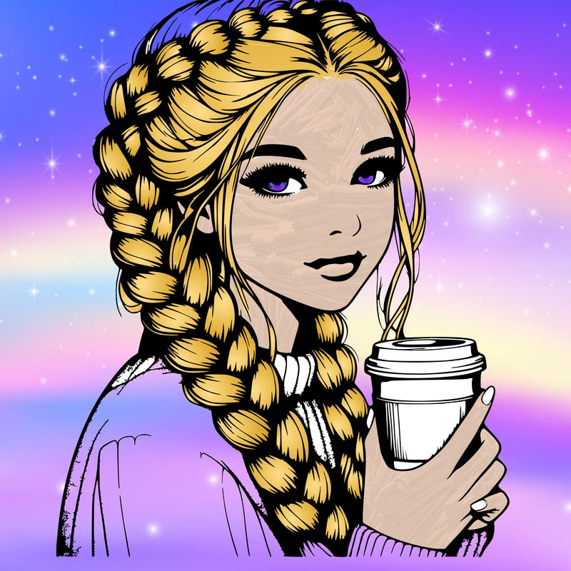 realistic girl with dutch braids and coffee