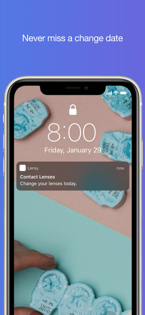 iPhone lock screen showing a notification from Lensy app to change contact lenses
