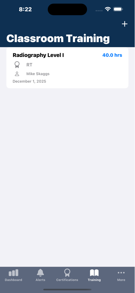 App screen displaying classroom training records including course name and hours completed.
