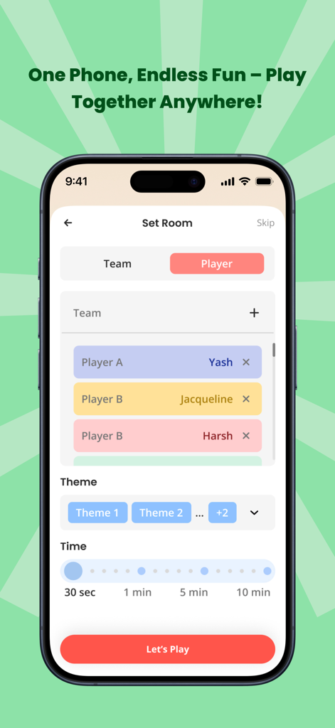 Mobile screen showing the setup for a group party game with player names and timer settings