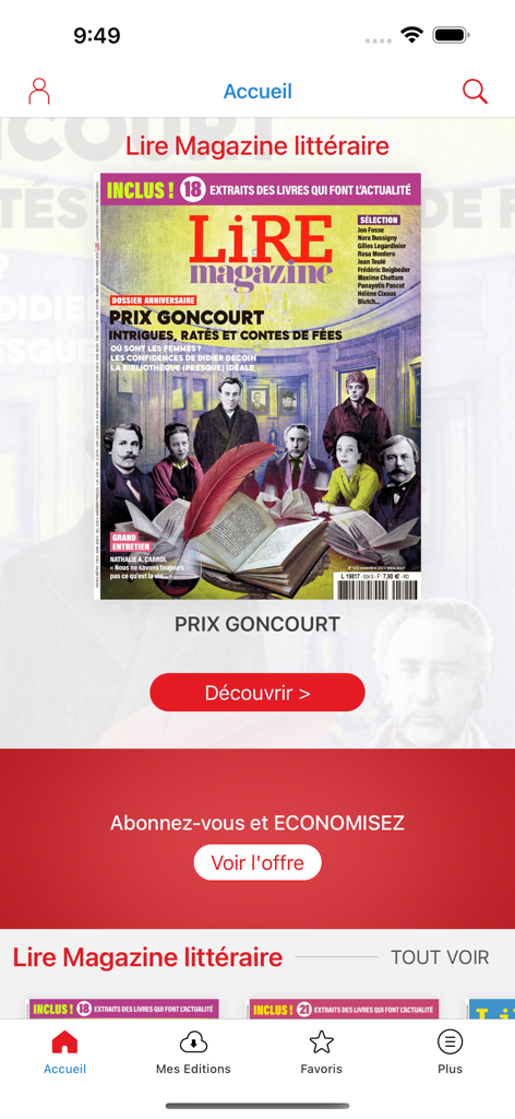 Lire Magazine - The home screen of the Lire Magazine Littéraire app displaying a magazine cover featuring the Prix Goncourt and subscription options.
