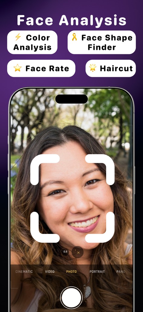 Face Shape Detector - LOOX - KI-Gesichts-Analyse-Oberfläche, die Selfie-Aufnahme und Funktionen wie Gesichtsformfinder und Farbanalyse zeigt