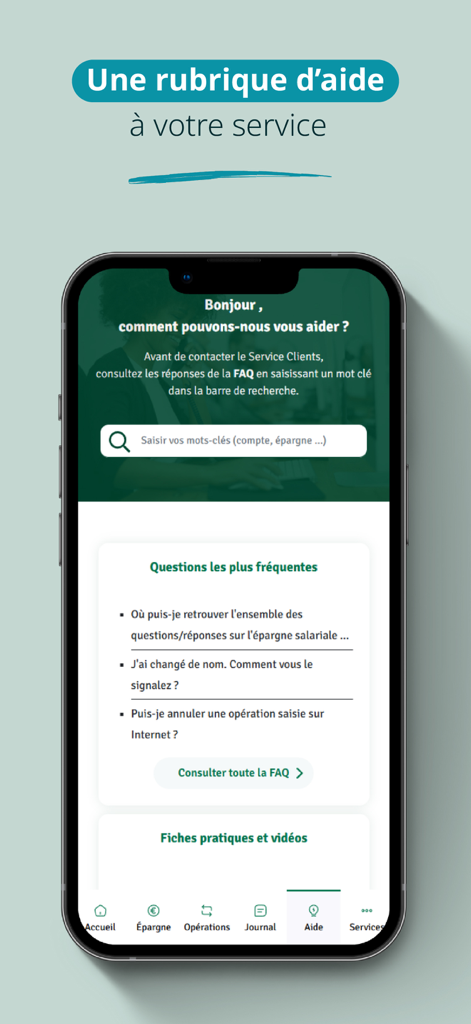 Interface du centre d'aide de l'application CA ELS, avec une barre de recherche pour les FAQ et une liste de questions fréquentes